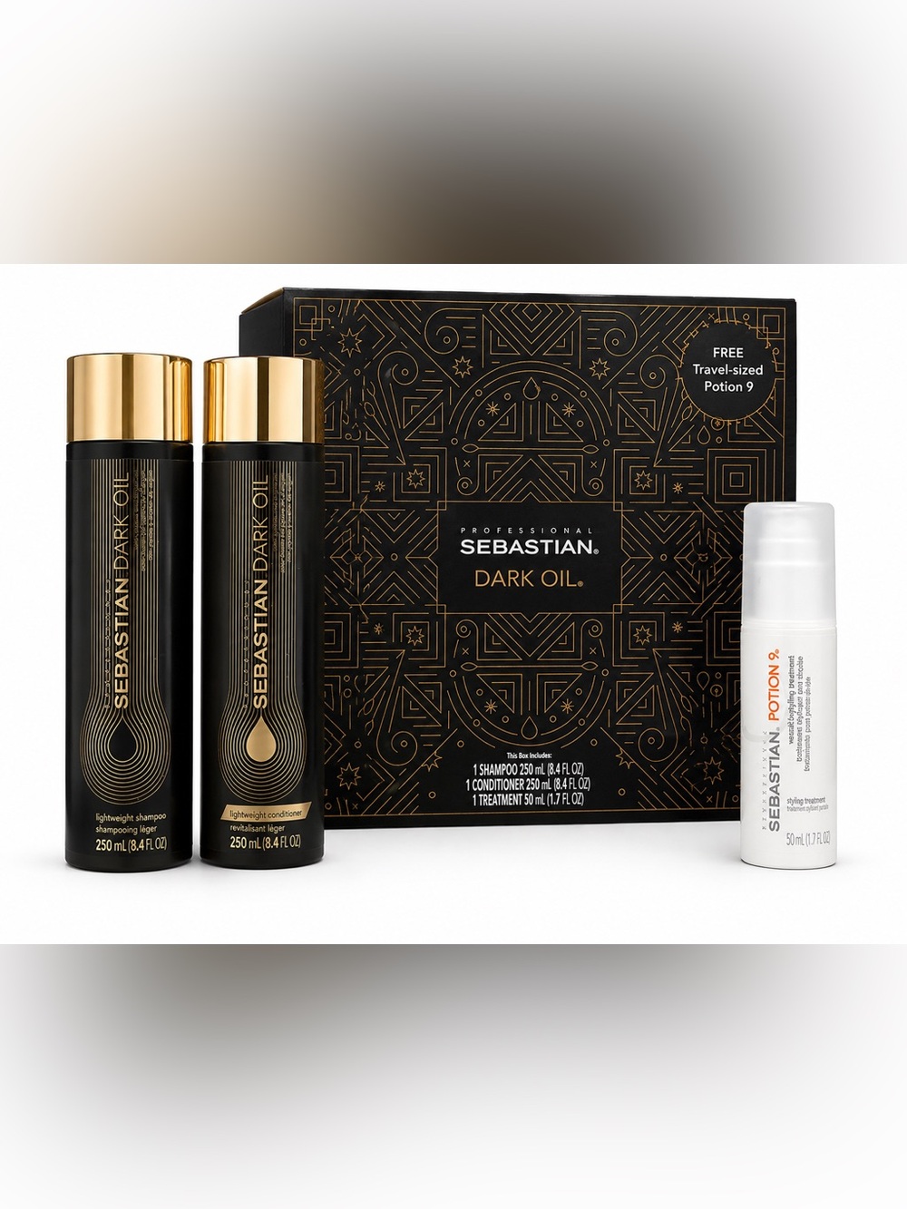 Sebastian Dark Oil Shampoo Conditioner Gift Set w/ Potion 9 Travel Size